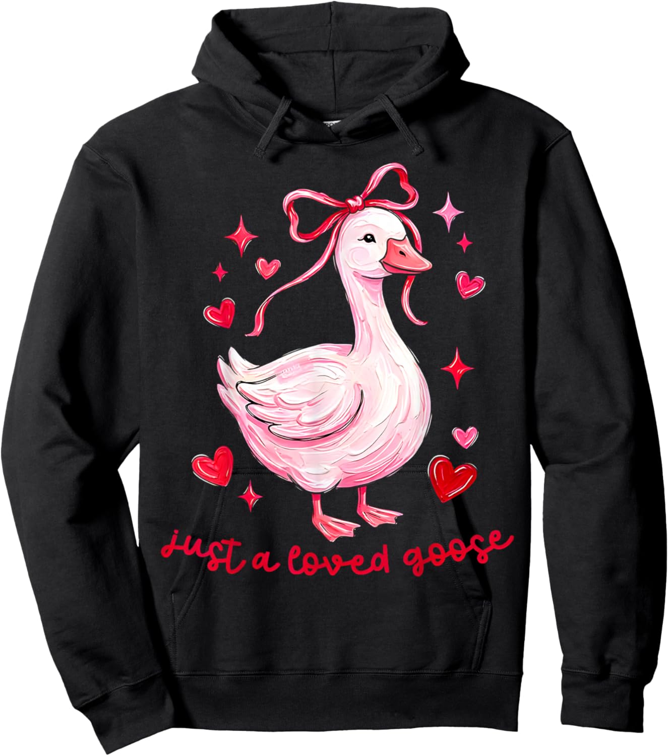 Just A Loved Goose Funny Valentine Coquette Bow Love Heart Hoodie - Hoodie | Black