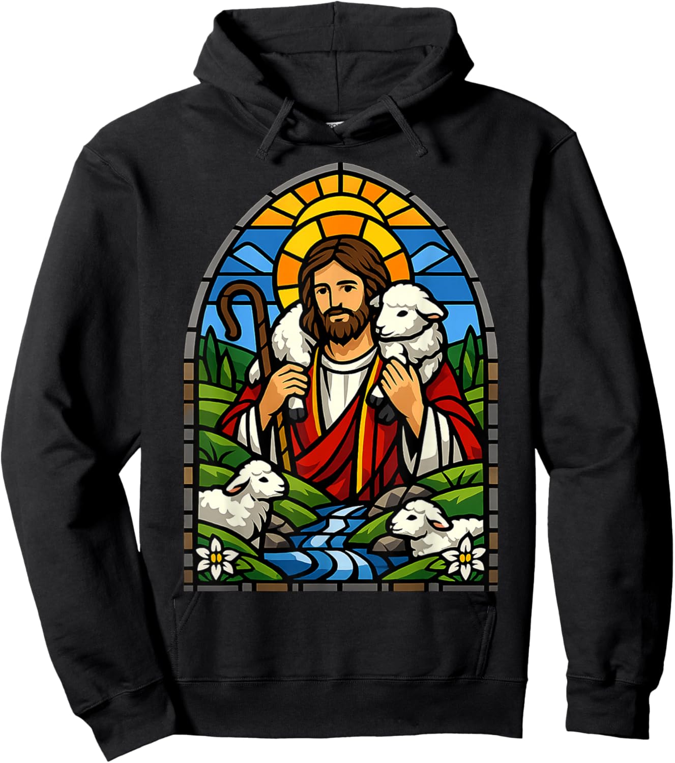 Stained Glass Jesus Shepherd with Lambs Christian Art Design Hoodie - Hoodie | Black