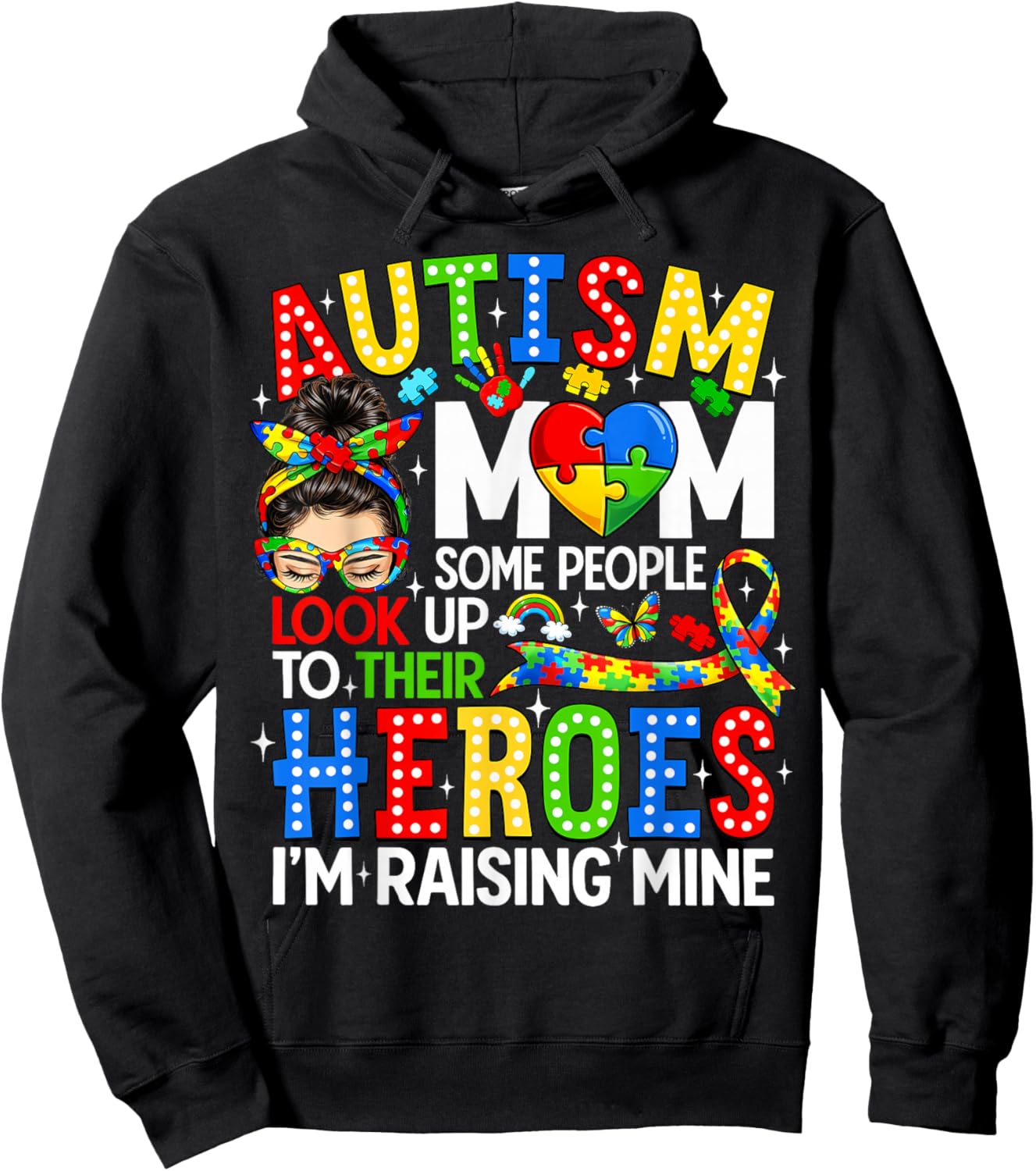 Autism Mom Raising Hero Messy Bun Autism Awareness Women Hoodie - Hoodie | Black