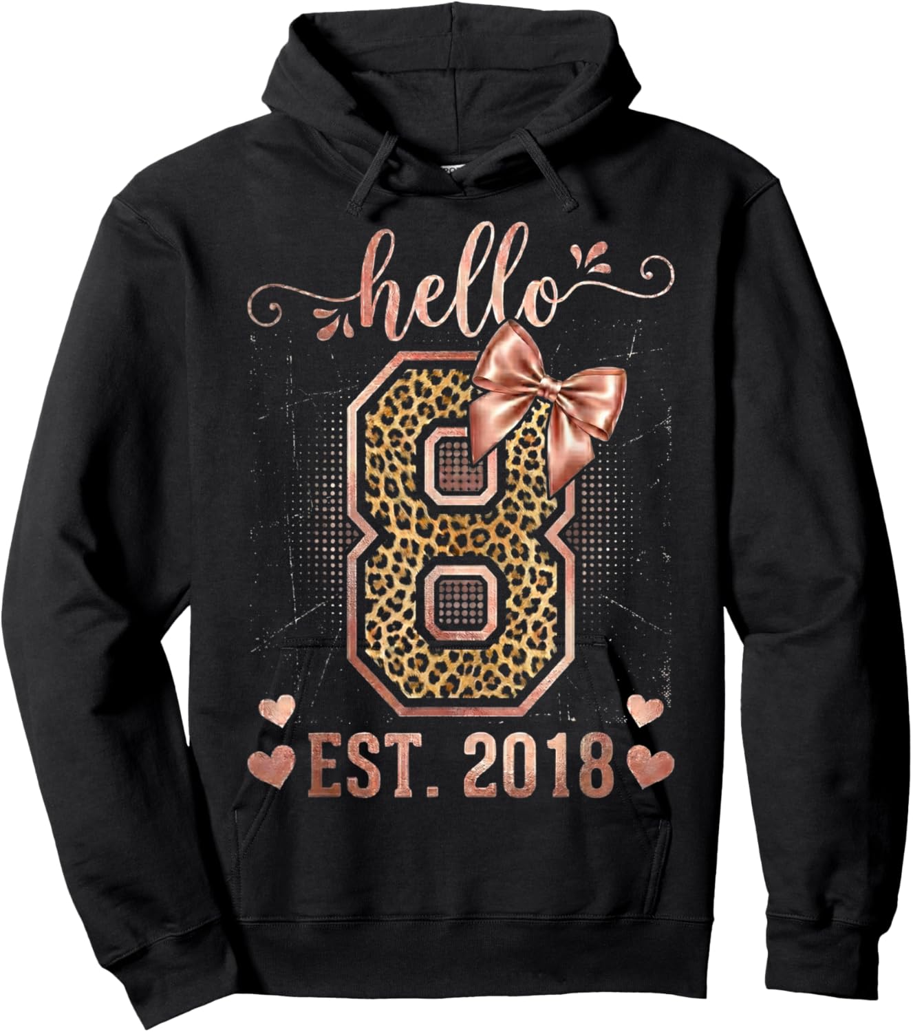 Hello Eight EST 2018 8th Birthday Coquette 8 Year Leopard Hoodie - Hoodie | Black
