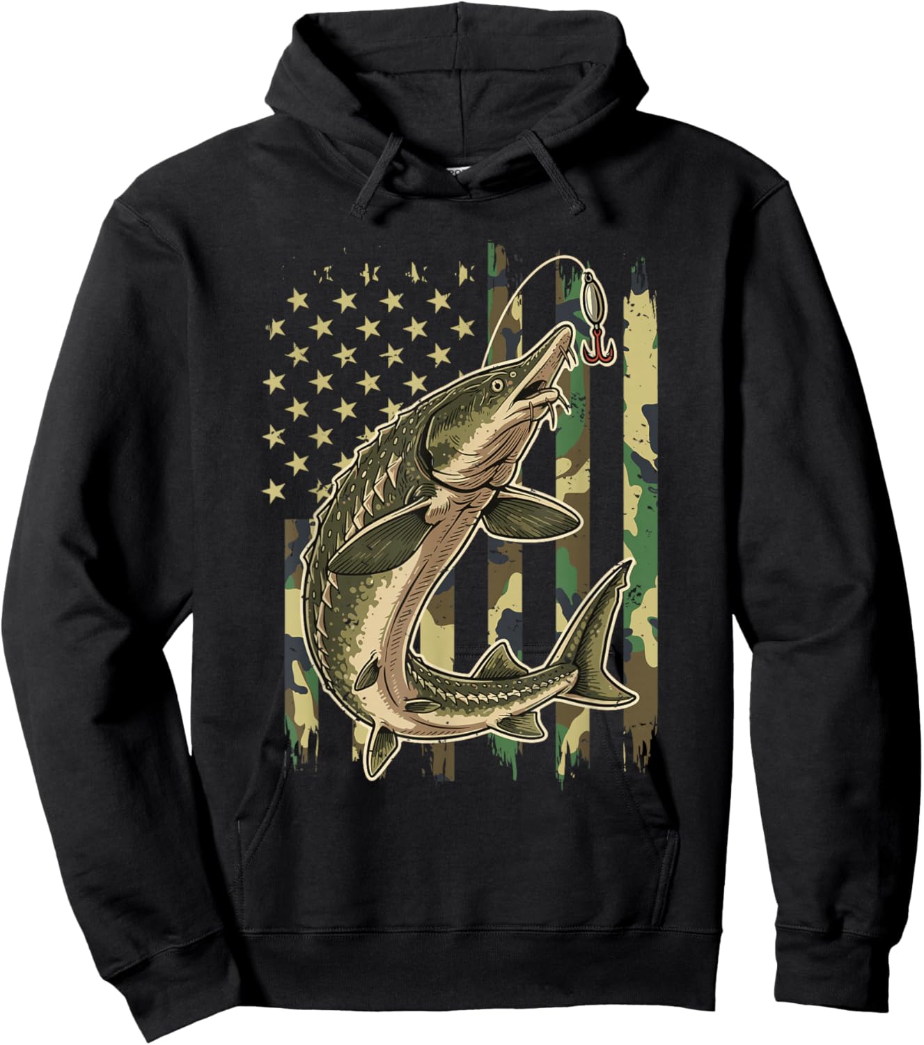Vintage Sturgeon Fishing Camo American Flag Fisherman Hoodie - Hoodie | Black