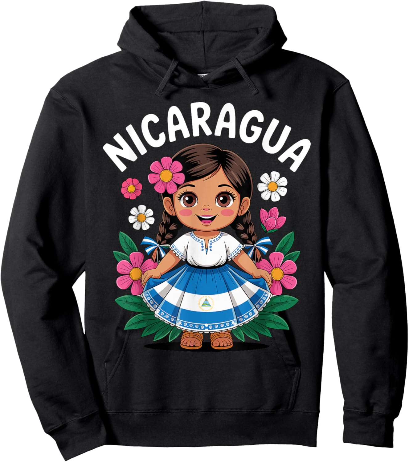 Cute Nicaragua Girl Traditional Dress with Flag Art for Kids Hoodie - Hoodie | Black