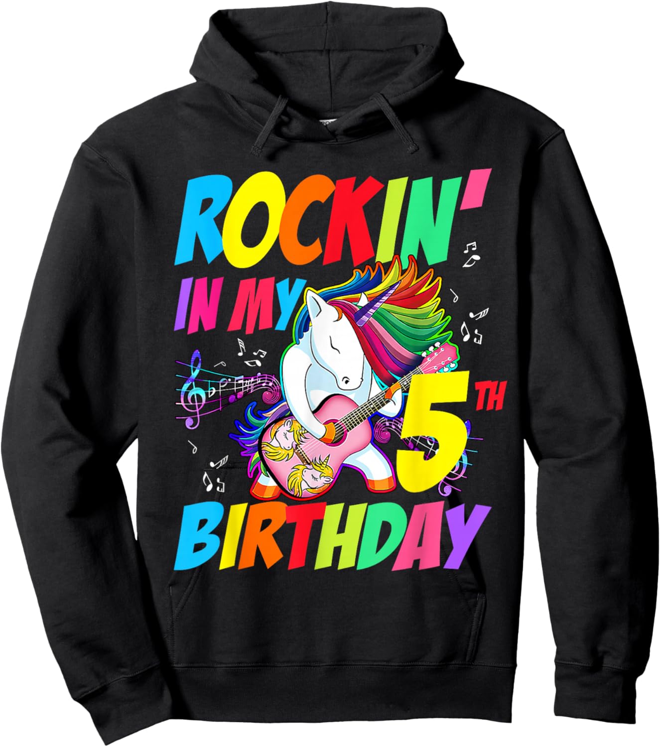Rockin in My 5th Birthday Unicorn Rockstar Kids Gift Hoodie - Hoodie | Black