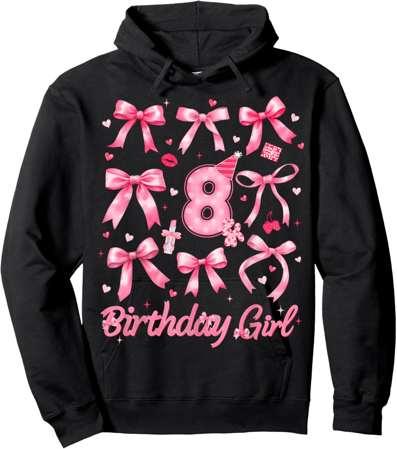 8th Birthday 8 Years Old Coquette Bow Pink Birthday Girl Hoodie - Hoodie | Black