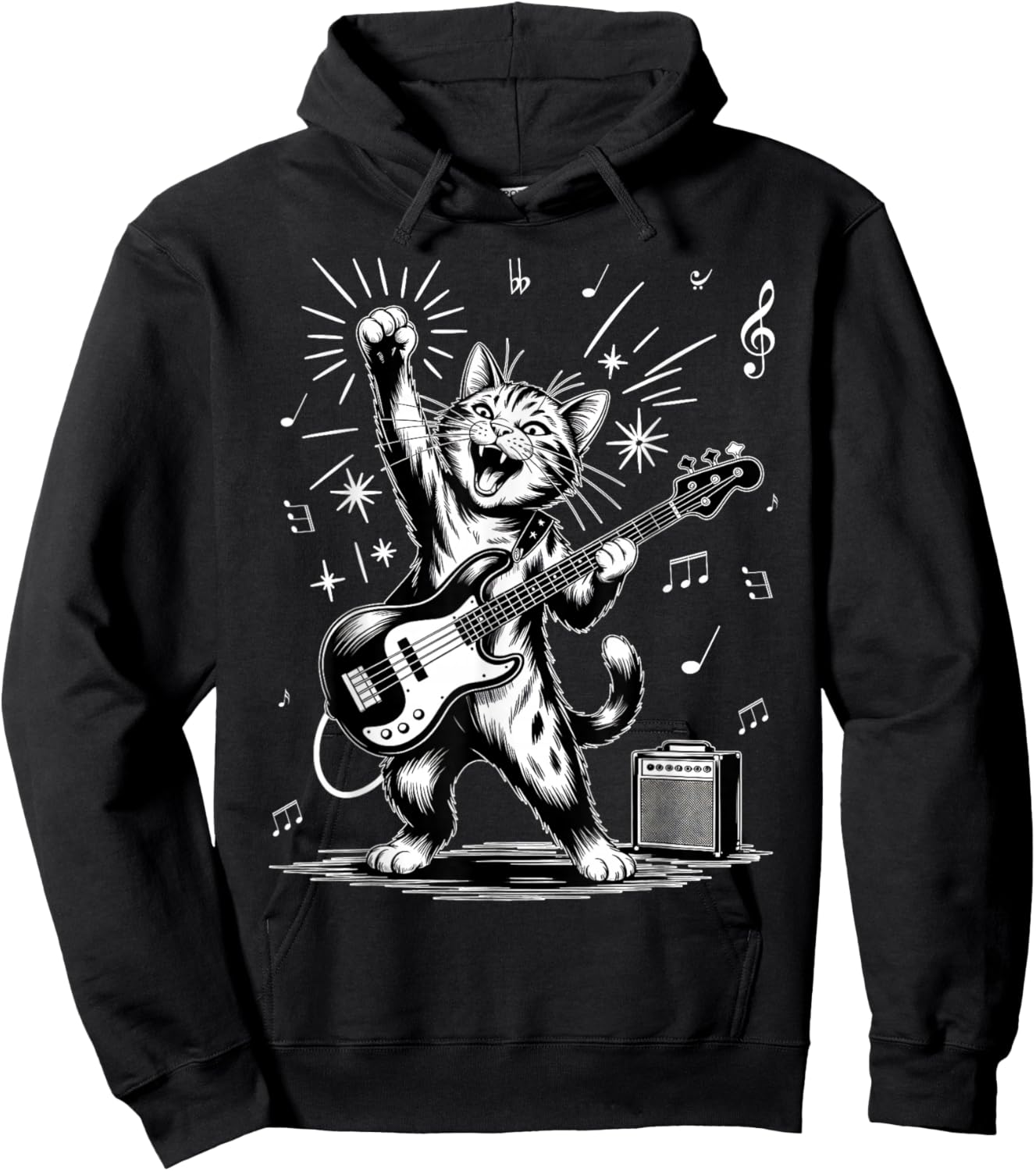 Cat Playing Bass Guitar Animal Hoodie - Hoodie | Black
