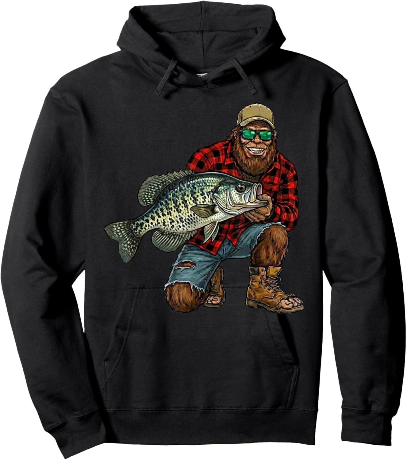 Bigfoot Crappie Fishing Trophy Funny Sasquatch Fisherman Hoodie - Hoodie | Black