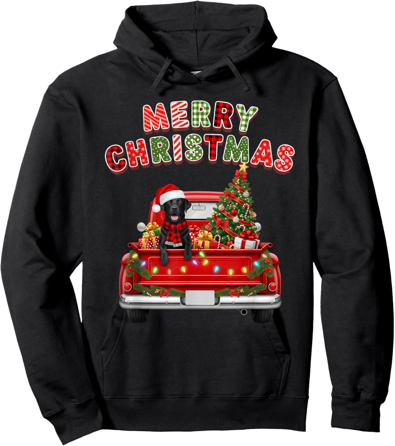 Black Lab Labrador Dog Red Truck Merry Christmas Lights Xmas Hoodie - Hoodie | Black