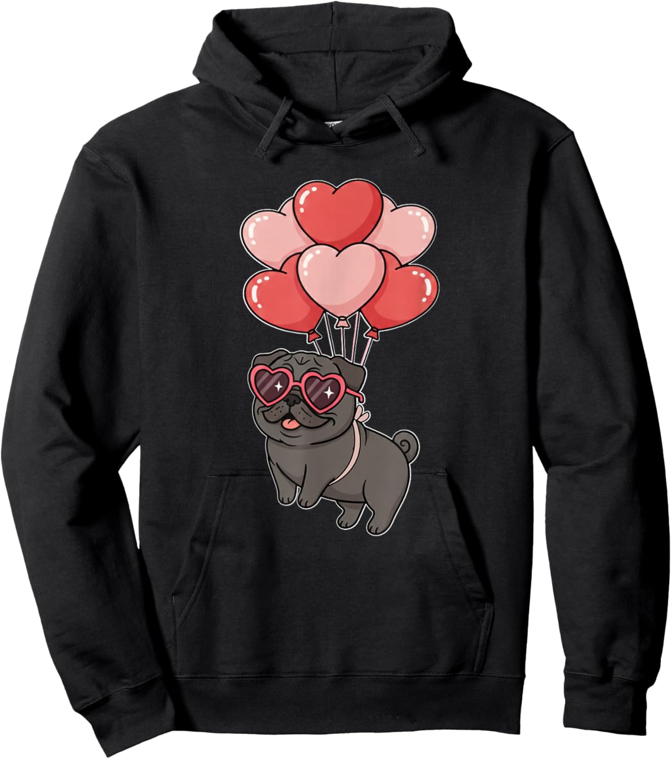 Girls Valentines Day Heart Balloons Black Pug Lover Hoodie - Hoodie | Black