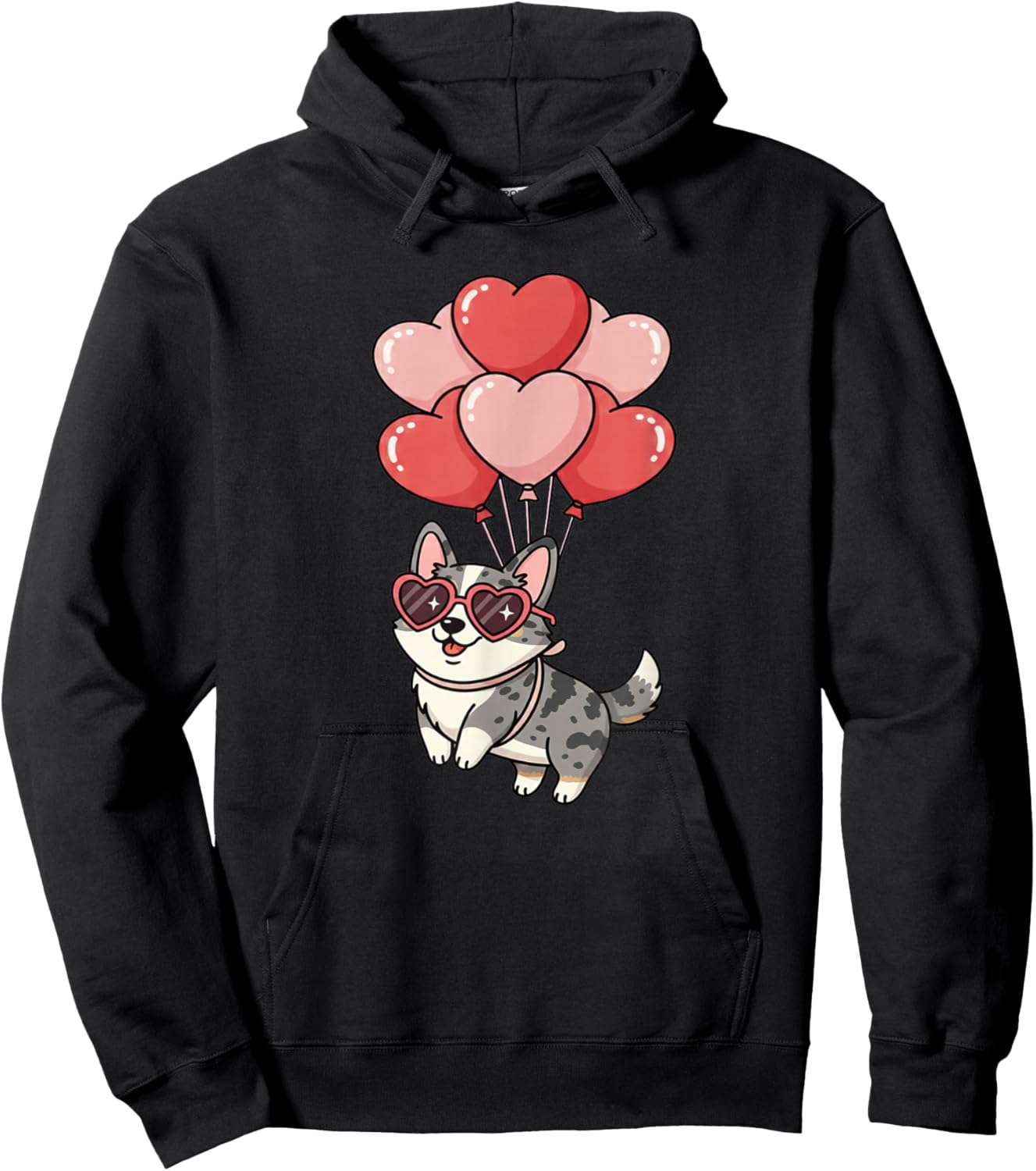 Valentines Day Heart Balloons Blue Merle Cardigan Corgi Dog Hoodie - Hoodie | Black