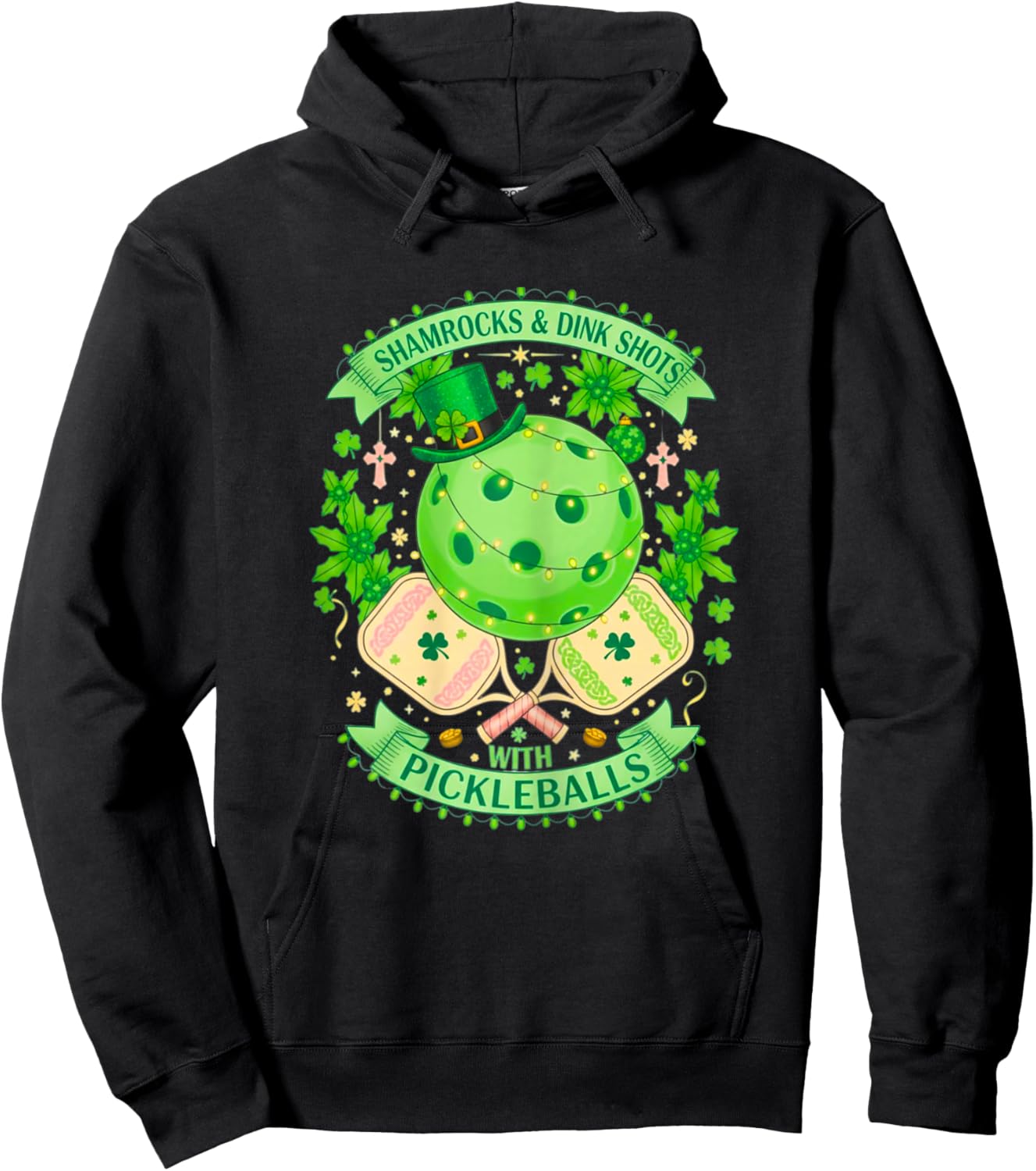 Shamrocks and Dink Shots Saint Patricks Day Pickleball Holid Hoodie - Hoodie | Black