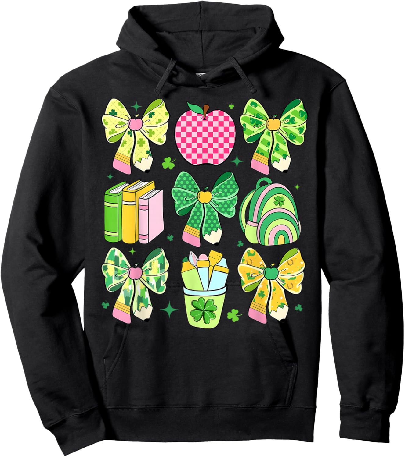 Lucky Teacher St Patrick's Day Coquette Bow Book Apple Hoodie - Hoodie | Black