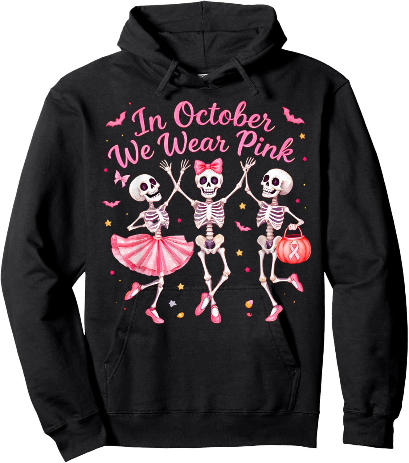 in October We Wear Pink Dancing Skeleton Breast Cancer Hoodie - Hoodie | Black
