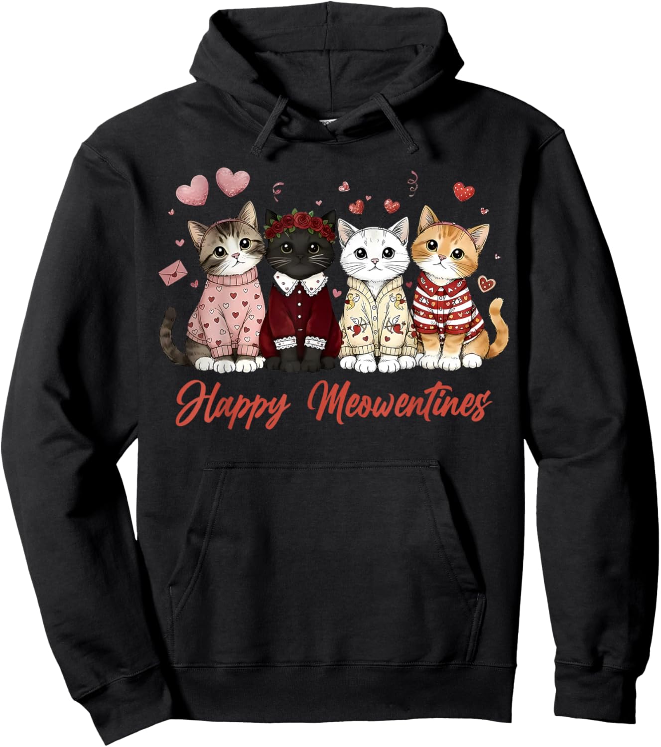 Valentine Cat Happy Meowentines Heart Valentines Cat Lover Hoodie - Hoodie | Black