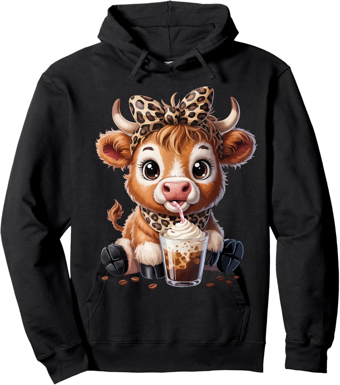 Highland Cow Coffee Leopard Bow Cowgirl Girls Women Hoodie - Hoodie | Black