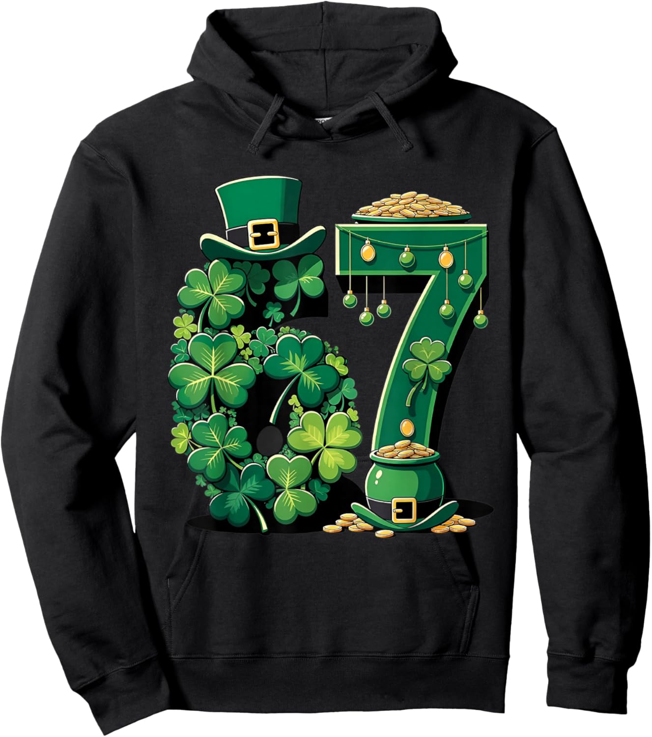 St Patrick's Day Lucky Number 67 Shamrock Pot of Gold Hoodie - Hoodie | Black