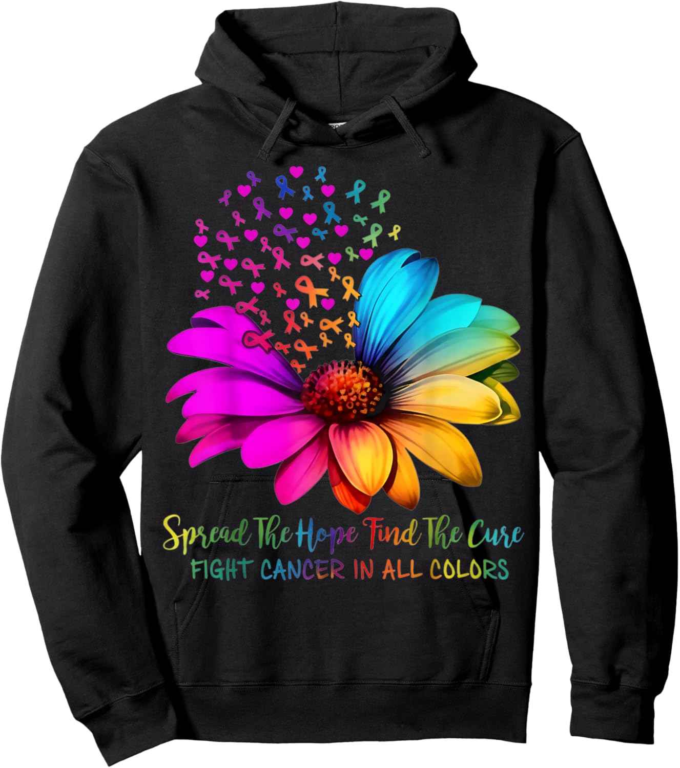 Fight Cancer in All and Every Color Ribbons Flower Hoodie - Hoodie | Black