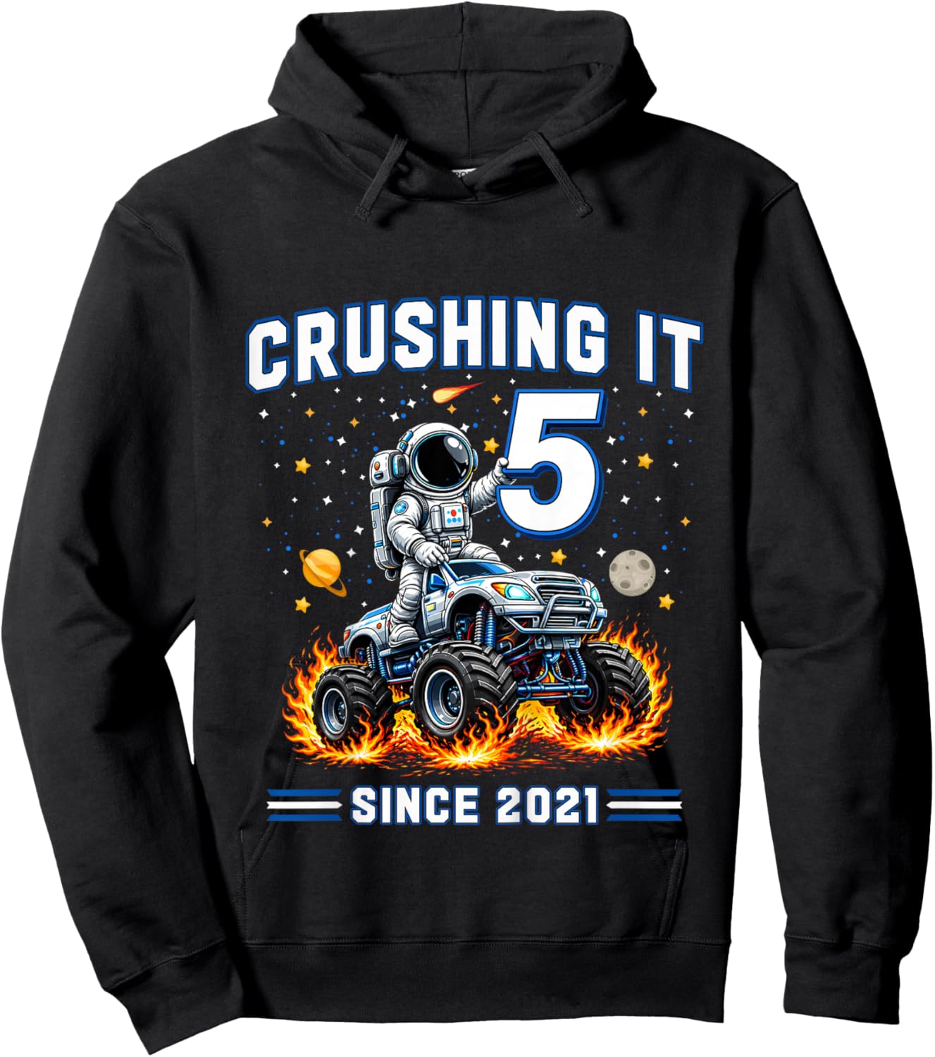 Kids 5th Birthday Monster Truck Astronaut 5 Year Old Boys Kids Hoodie - Hoodie | Black