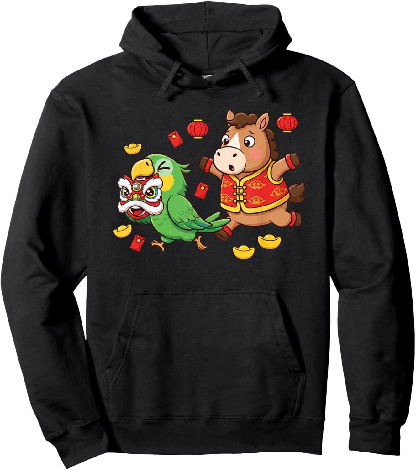 Chinese Horse Parrot Funny Kids Happy New Year Hoodie - Hoodie | Black