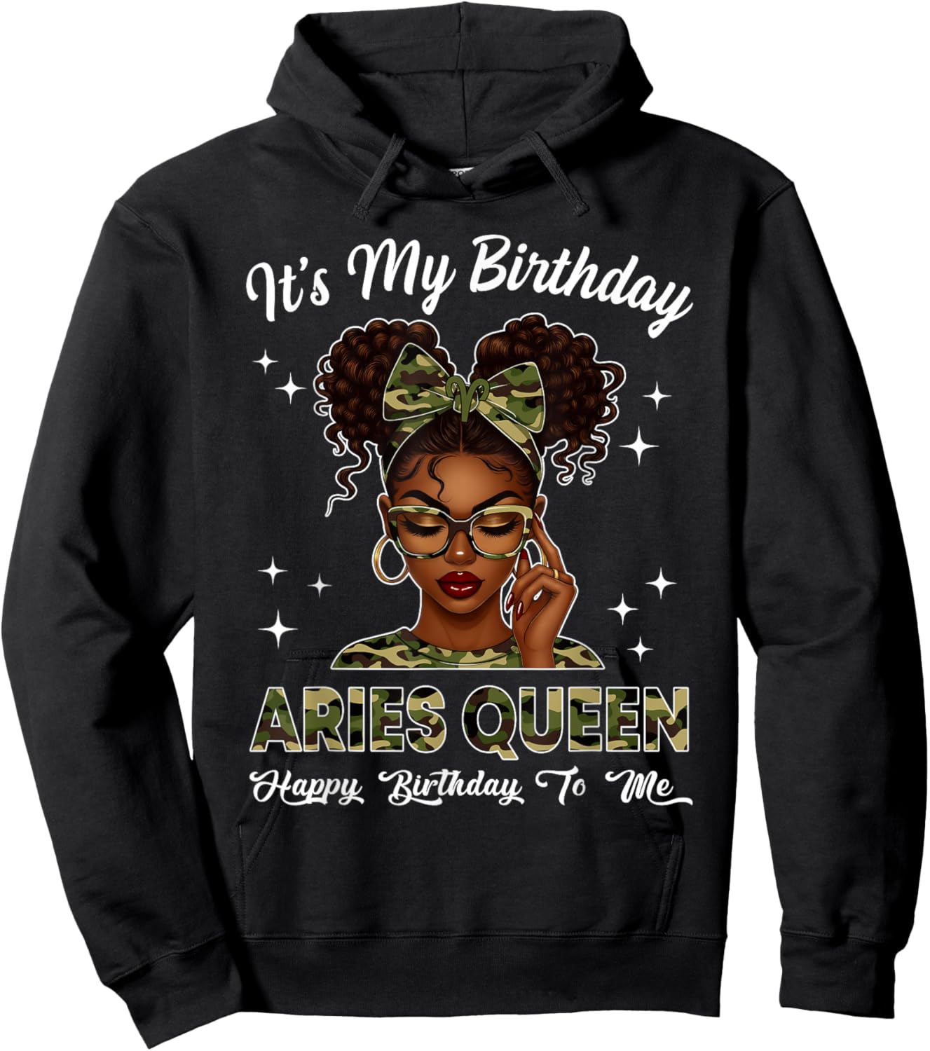 It's My Birthday Aries Queen Camo Bow Afro Black Girl Hoodie - Hoodie | Black