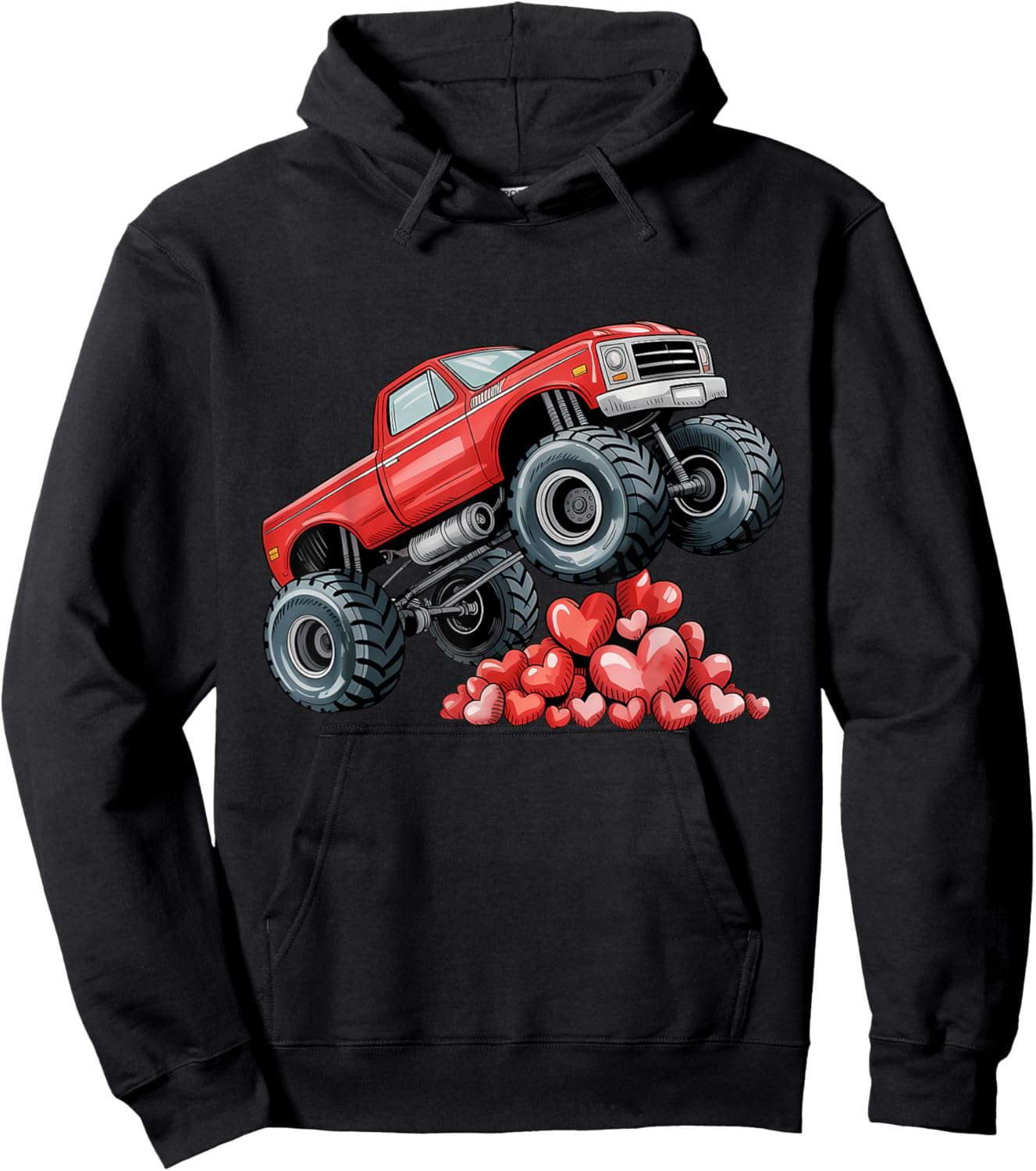 Valentines Day Monster Truck Hearts for Teens Boys Girls Kid Hoodie - Hoodie | Black