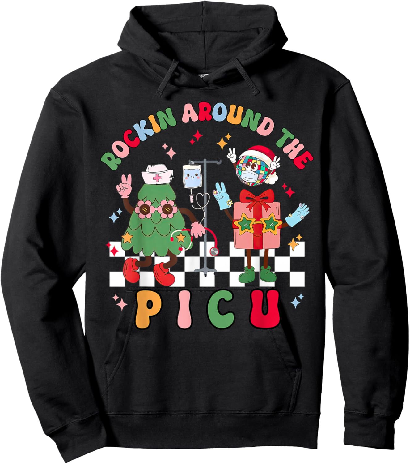 Rockin Around The PICU Nurse Christmas Pediatric ICU Nurse Hoodie - Hoodie | Black