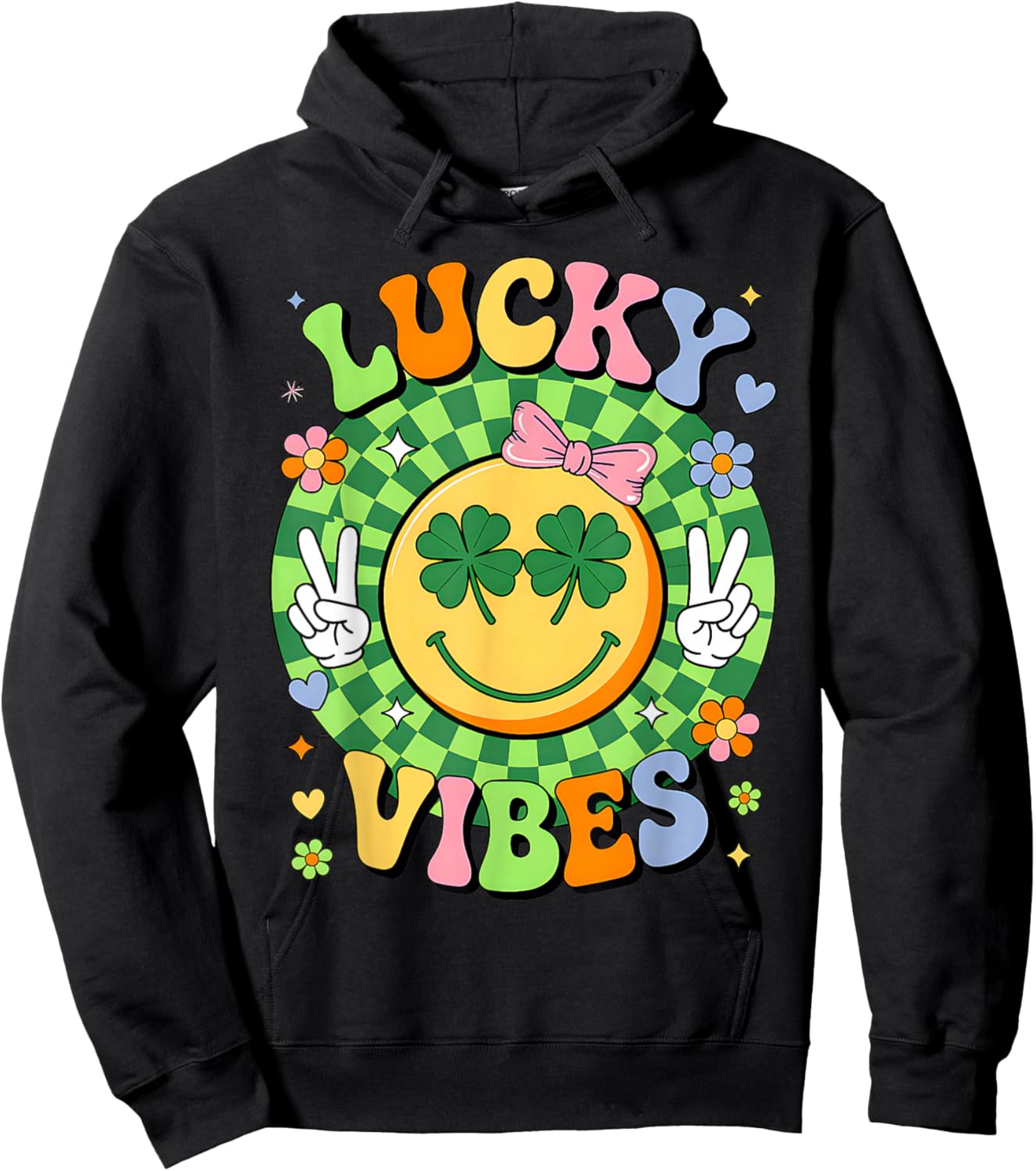 Groovy St Patricks Day Lucky Vibes Shamrock Women Girls Kids Hoodie - Hoodie | Black