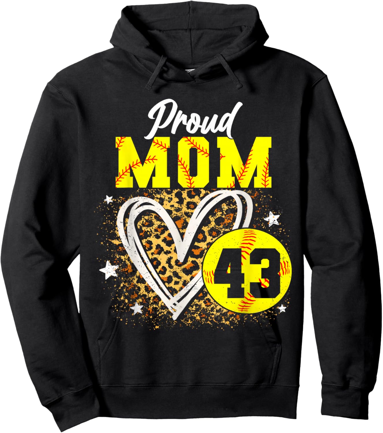 Proud Mom of Softball Player Number 43 Leopard Heart Sports Hoodie - Hoodie | Black