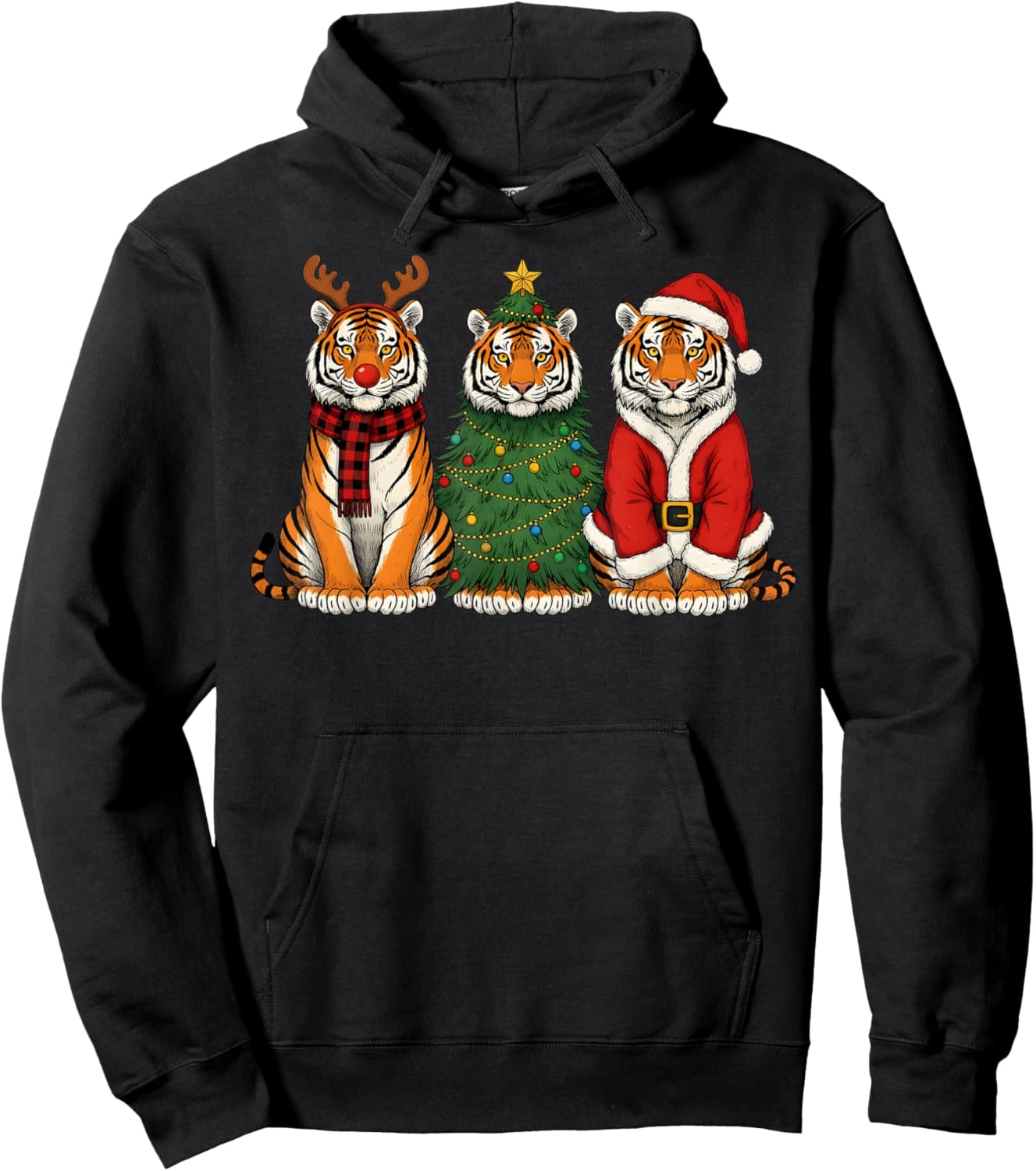 Retro Christmas Tiger Santa Reindeer Safari Animal Hoodie - Hoodie | Black