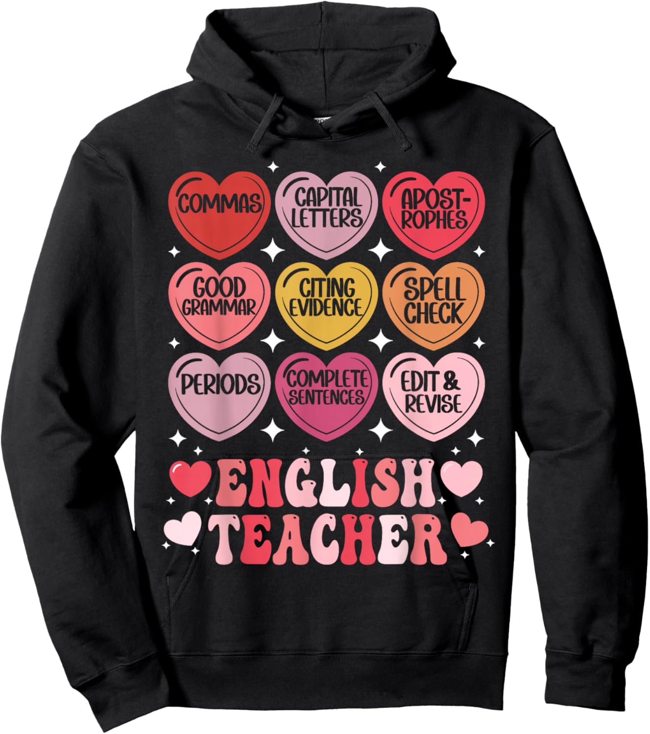 English Teacher Valentine's Day Grammar ELA Teacher Hearts Hoodie - Hoodie | Black