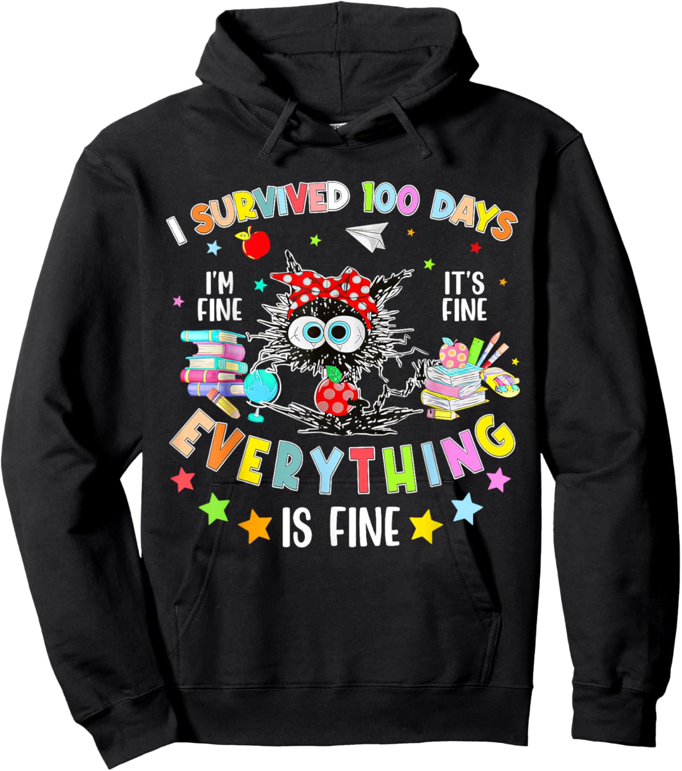 I Survived 100 Days of School Teacher Kids Funny Cat Lover Hoodie - Hoodie | Black