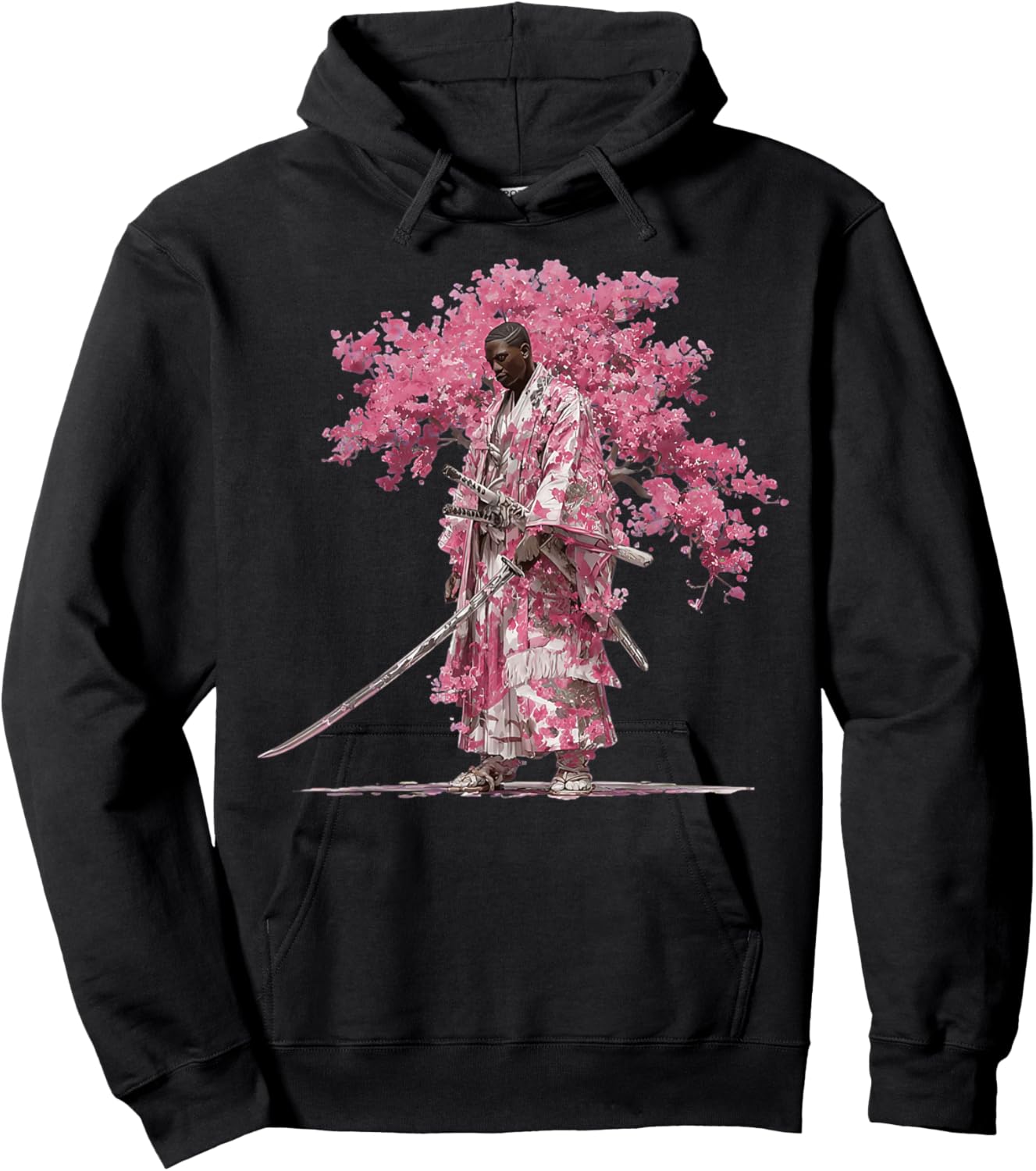 African Cherry Blossom Samurai King with Pink Kimono Hoodie - Hoodie | Black