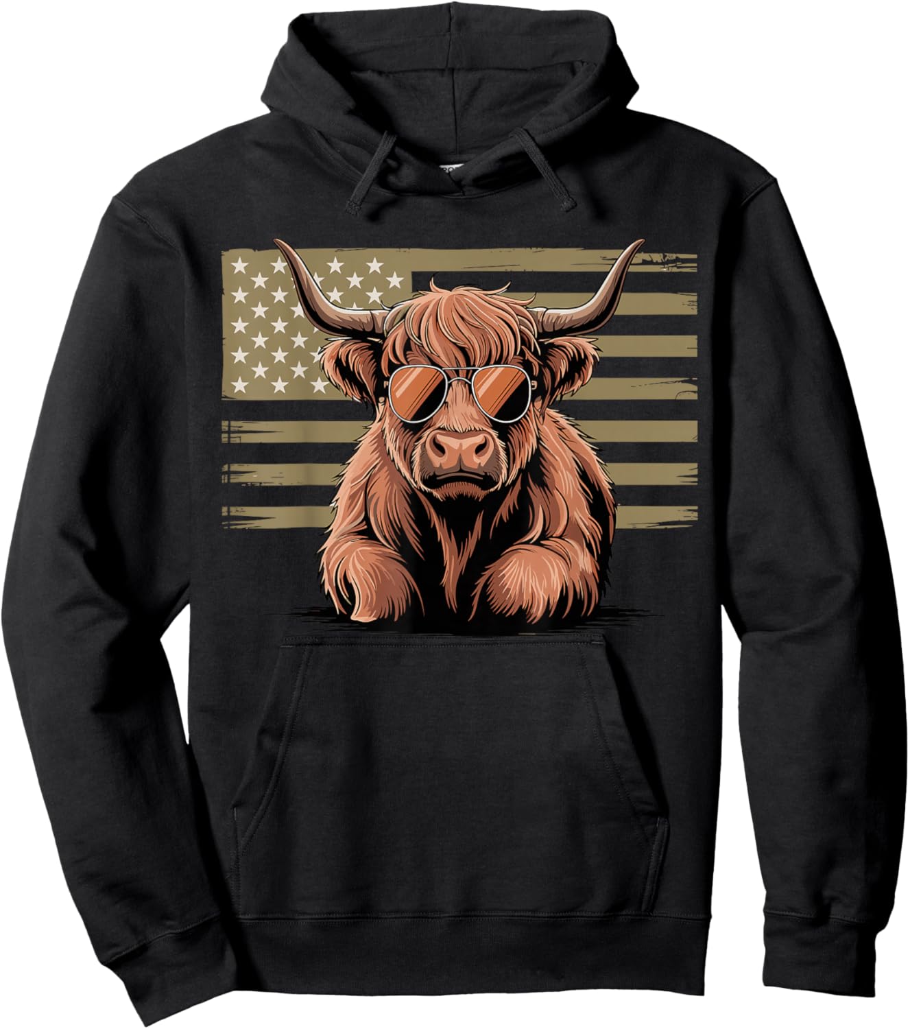 Highland Cow with Sunglasses and American Flag Hoodie - Hoodie | Black