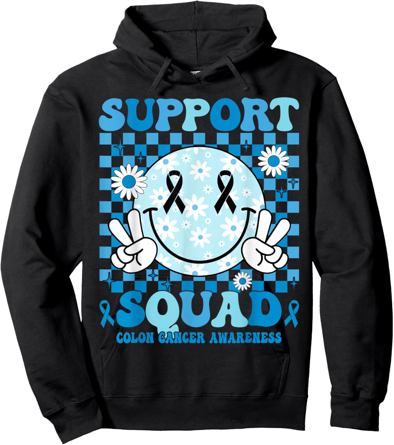 Support Squad Blue Ribbon Smile Face Colon Cancer Awareness Hoodie - Hoodie | Black