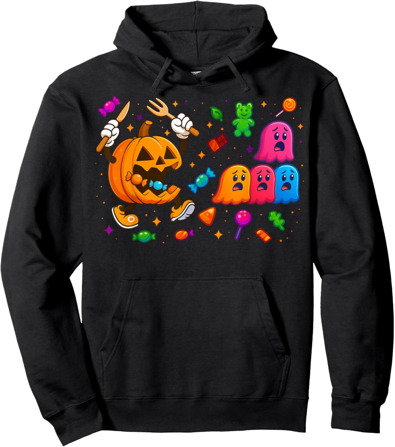 Gamer Pumpkin Eating Ghost Halloween Costume Men Boys Kids Hoodie - Hoodie | Black