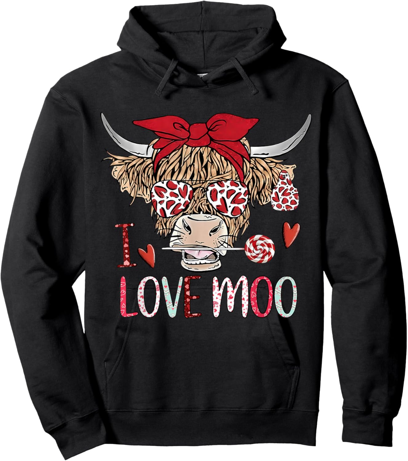 Valentine Highland Cow I Love Moo Heart Retro Cow Lovers Hoodie - Hoodie | Black