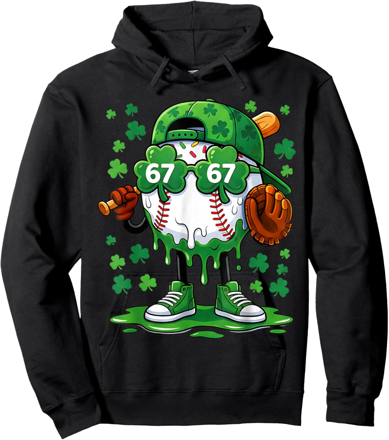 Funny 67 Baseball Drip St Patricks Day Shamrock Green Hoodie - Hoodie | Black