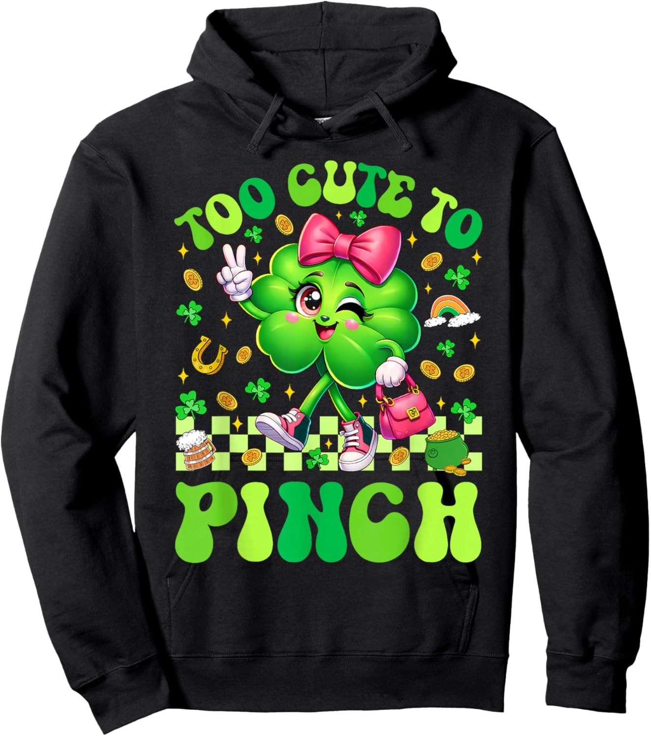 Too Cute to Pinch Shamrock St Patricks Day Toddler Girl Kids Hoodie - Hoodie | Black