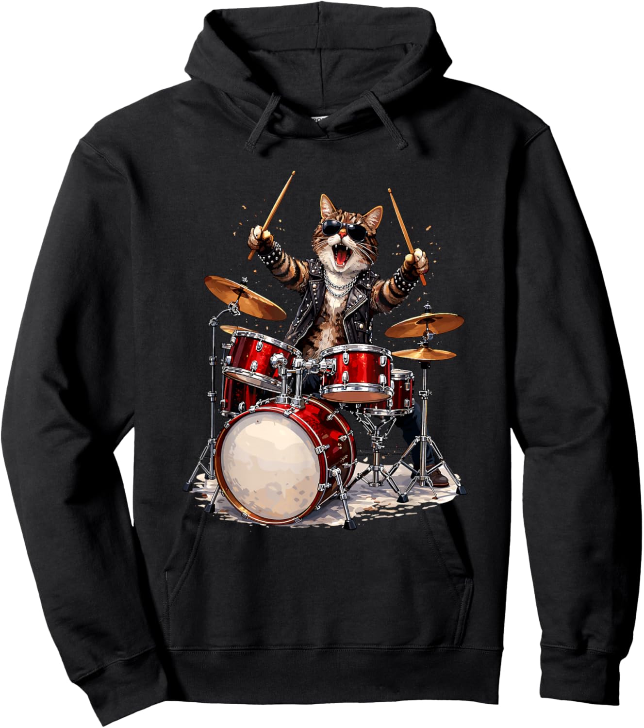 Cat Kitten Playing Drums Rock and Roll Heavy Metal Drummer Hoodie - Hoodie | Black