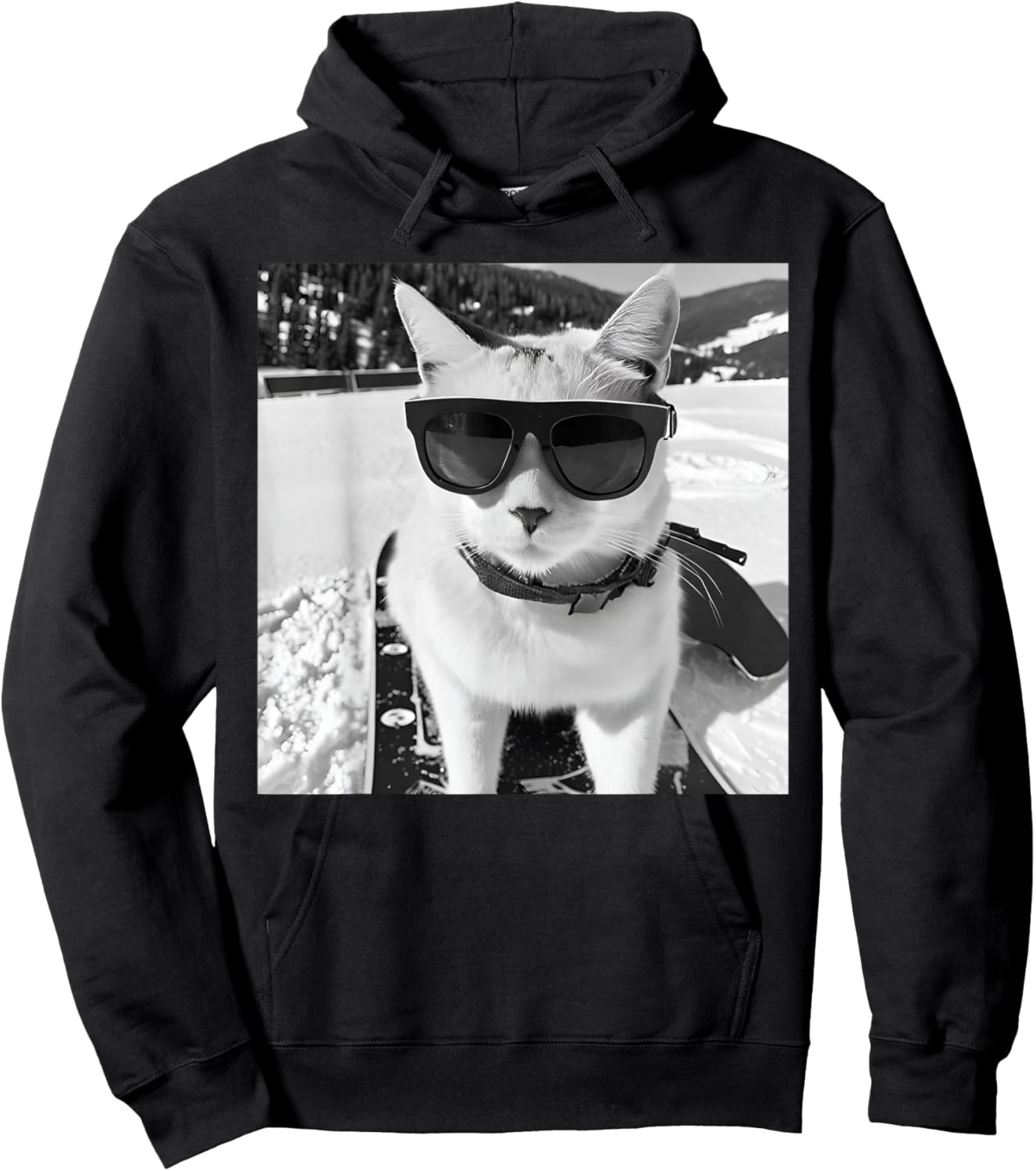 Cat at The Ski Slopes and Snowboarder Hoodie - Hoodie | Black