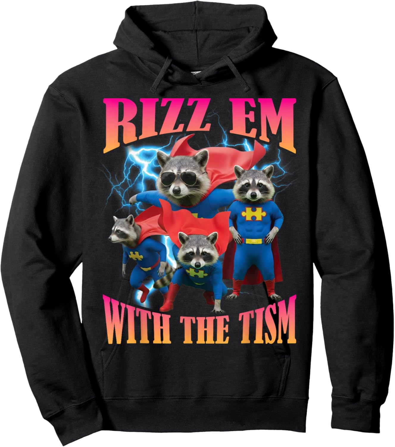 Rizz Em with The Tism Raccoon Superhero Neurodivergent Meme Hoodie - Hoodie | Black