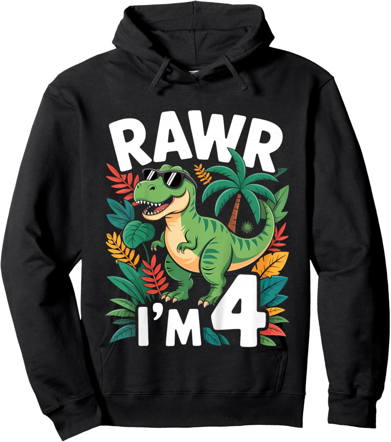 Kids Four Years Old Dinosaur Funny 4th Birthday Kids Hoodie - Hoodie | Black