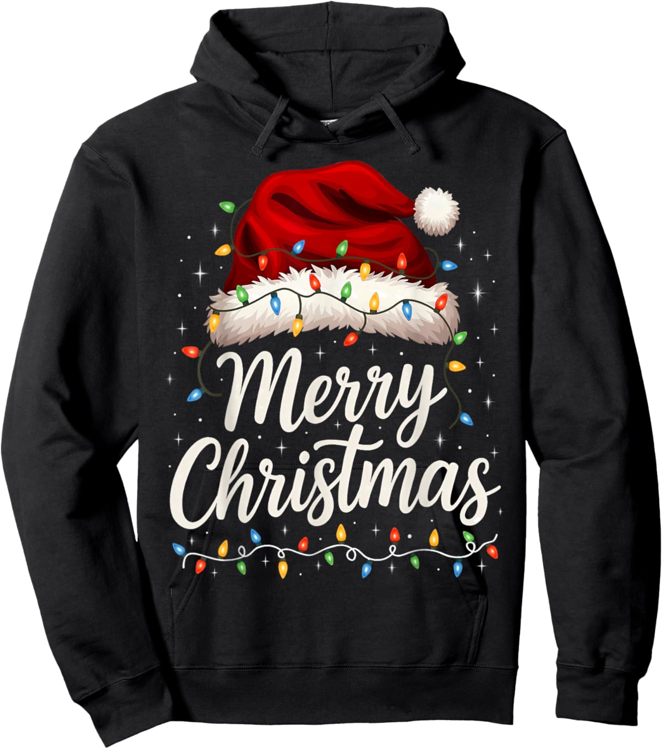 Merry Christmas Lights Red Santa Hat Xmas Family Men Women Hoodie - Hoodie | Black