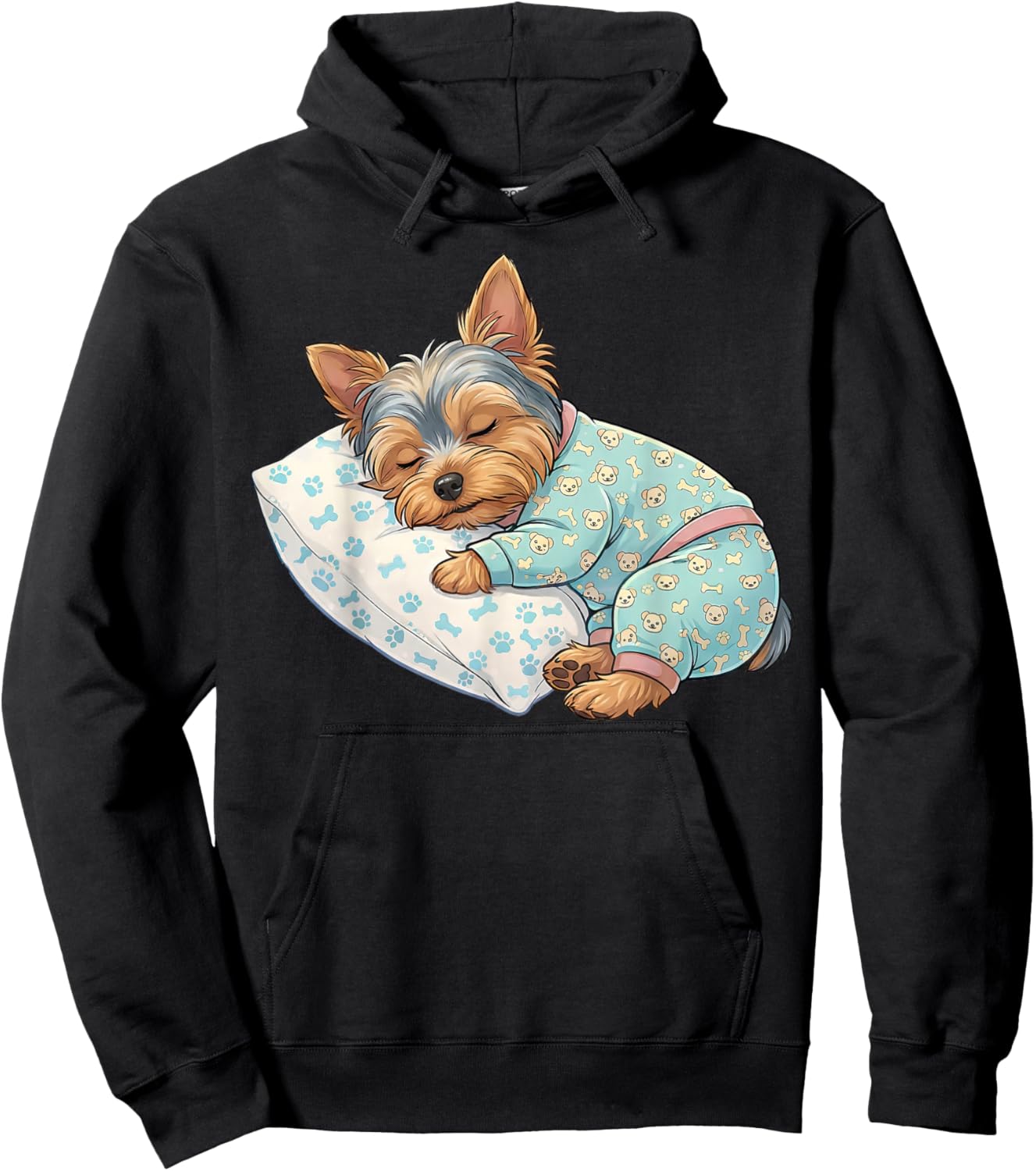 Cute Yorkshire Terrier Dog Sleeping in Pajamas Bedtime Art Hoodie - Hoodie | Black