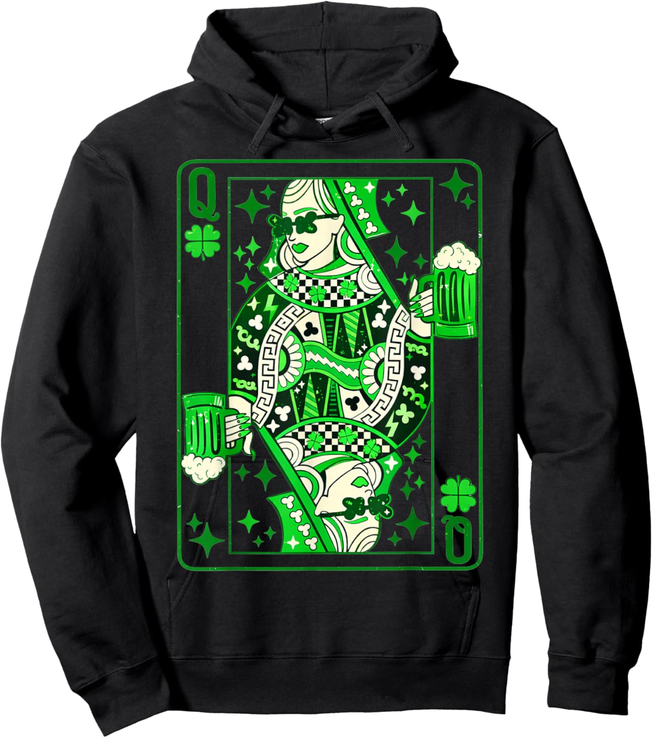 Shamrock Queen Playing Card Saint Patricks Day Hoodie - Hoodie | Black