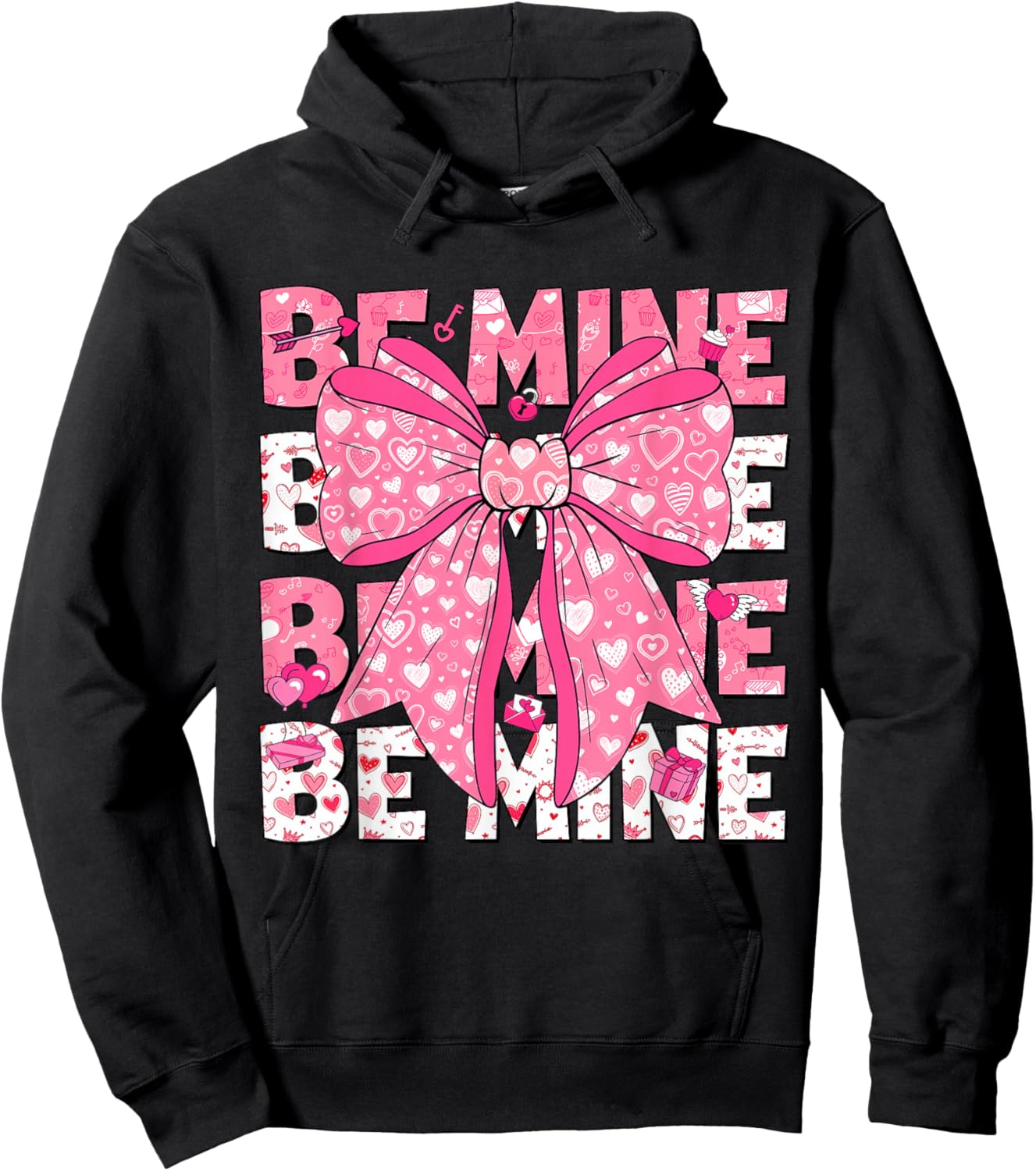 Be Mine Valentine Pink Heart Coquette Bow Girl Women Kid Hoodie - Hoodie | Black