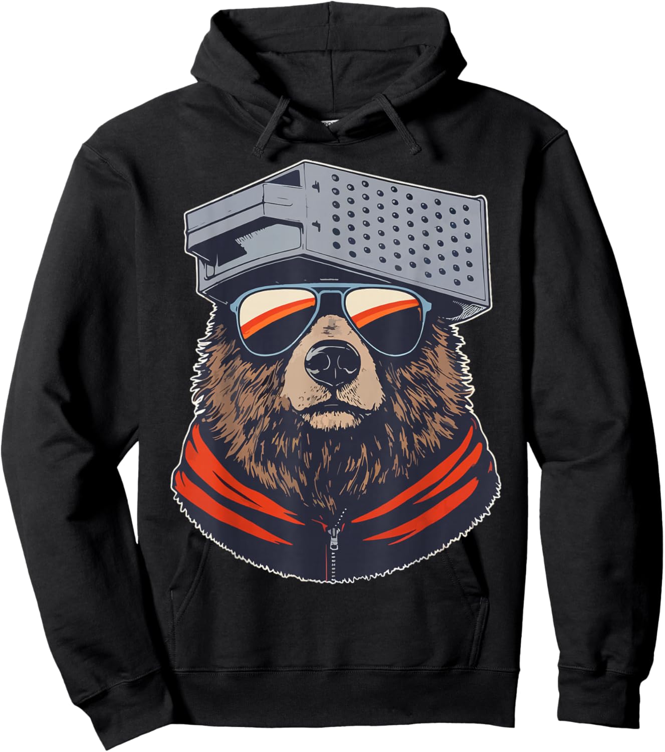 Retro Bear with Cheese Grater Hat and Sunglasses Sunse Funny Hoodie - Hoodie | Black