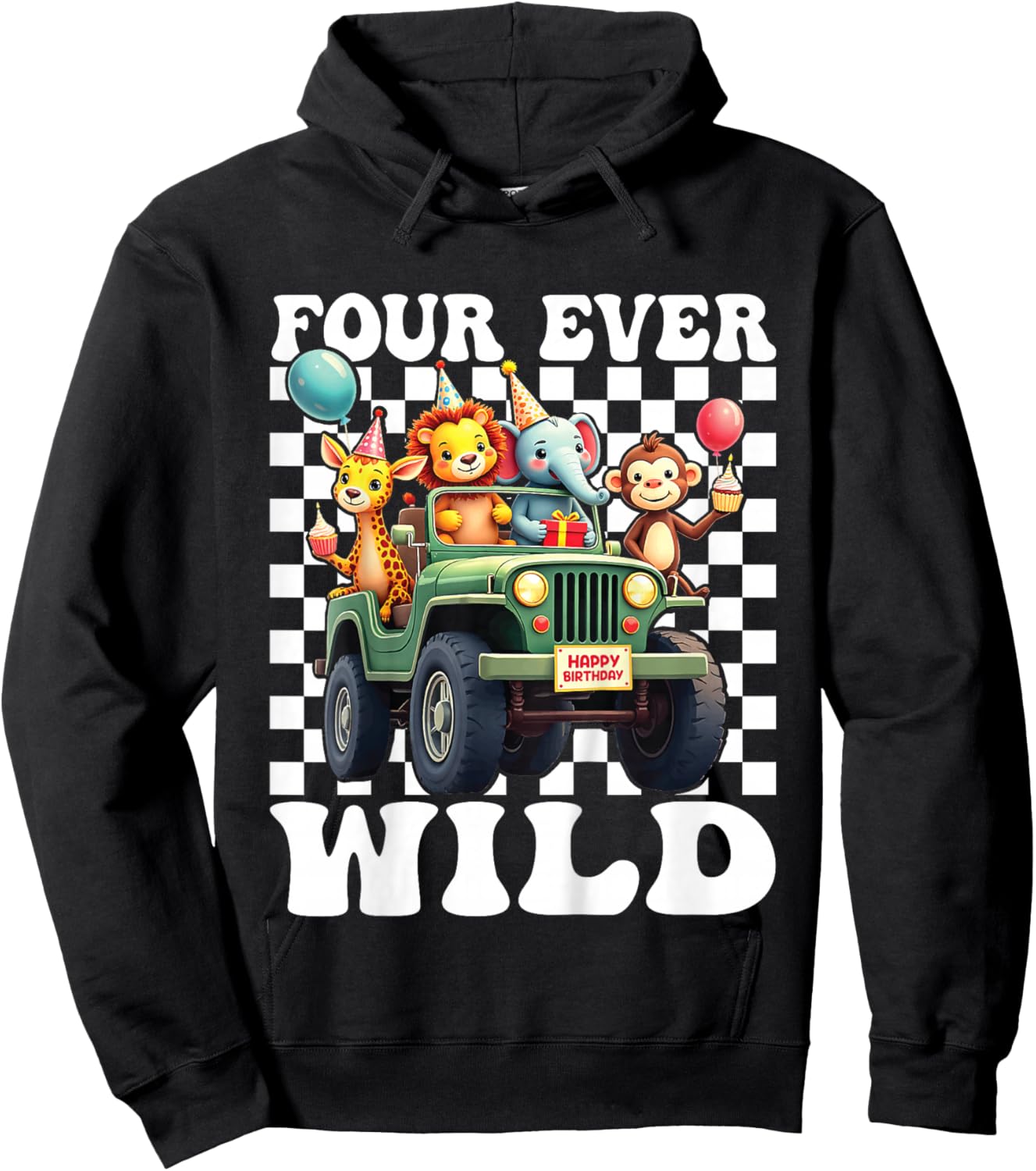 Four Ever Wild 4th Birthday 4 Year Old Birthday Zoo Safari Hoodie - Hoodie | Black