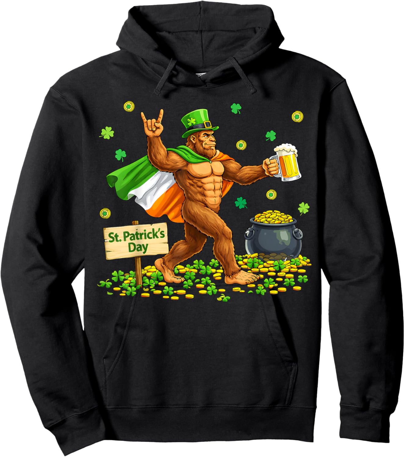 Bigfoot St Patrick's Day Irish Flag Cape Beer Rock Sasquatch Hoodie - Hoodie | Black