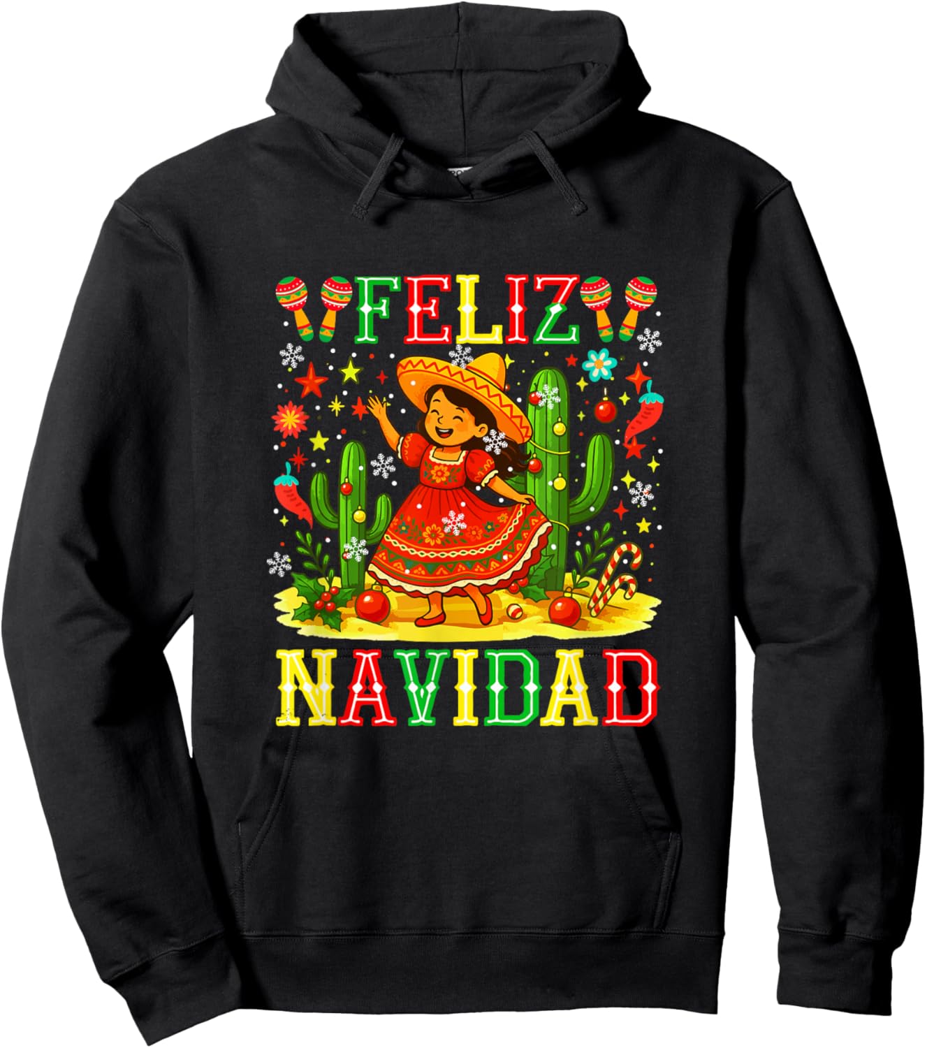 Feliz Navidad Christmas Girl Spanish Mexican Colorful Hoodie - Hoodie | Black