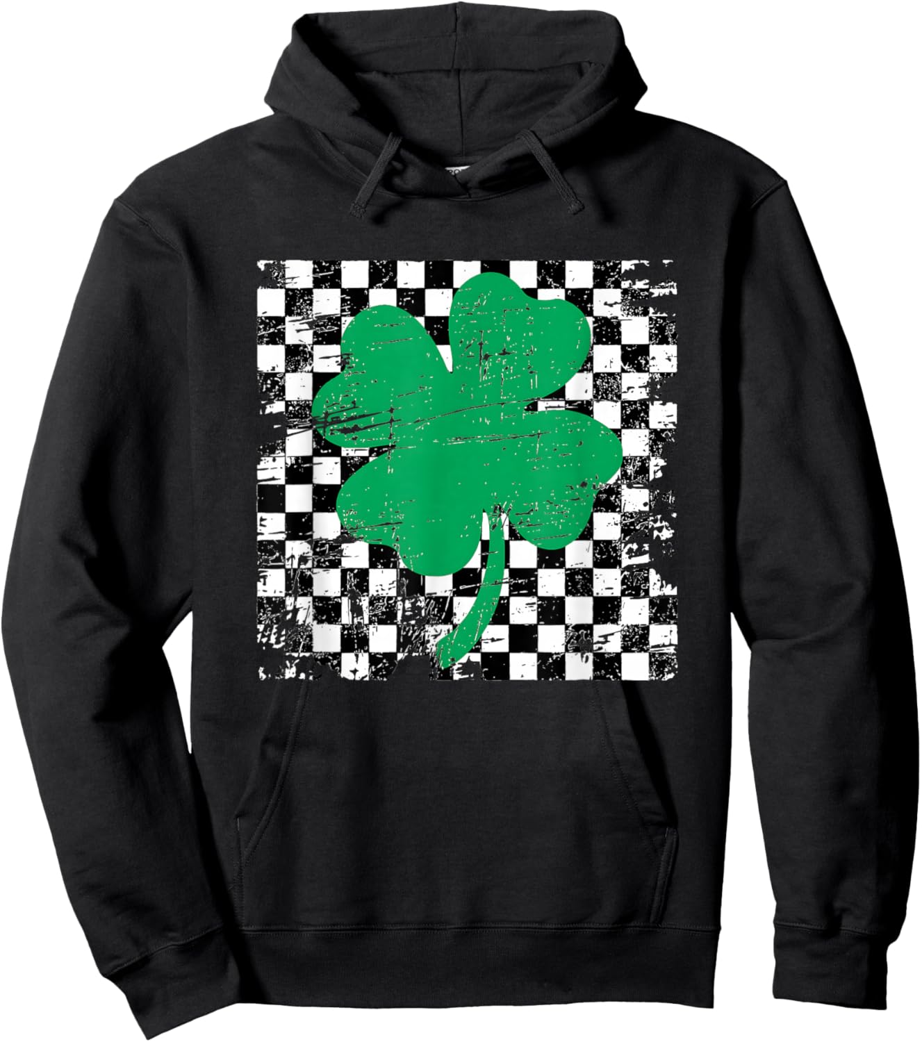 St. Patrick’s Green Clover Checker Design Retro Aesthetic Hoodie - Hoodie | Black